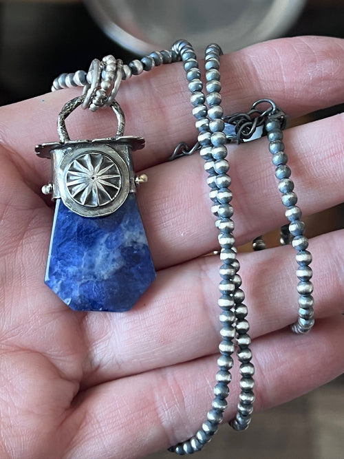 Sterling Silver Gem Collector 30” + 2” Beaded Necklace w/ Sodalite & Dandelion Pendant