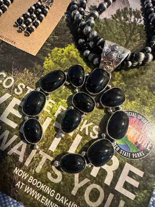 Handmade Sterling Silver Onyx Beaded Naja Necklace Set By Dan Dodson