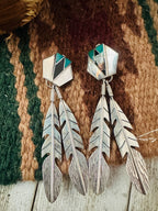 Handcrafted Old Pawn Sterling Silver, Turquoise & Onyx Feather Clip On Dangle Earrings
