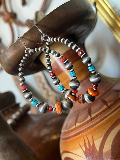 Navajo Made Electric Rainbow Sterling Silver, Turquoise & Spiny Oyster Beaded Drop Hoop Earrings, Leverback