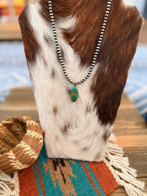 Handcrafted Turquoise & 5mm Sterling Silver Pearl 18” Beaded Necklace