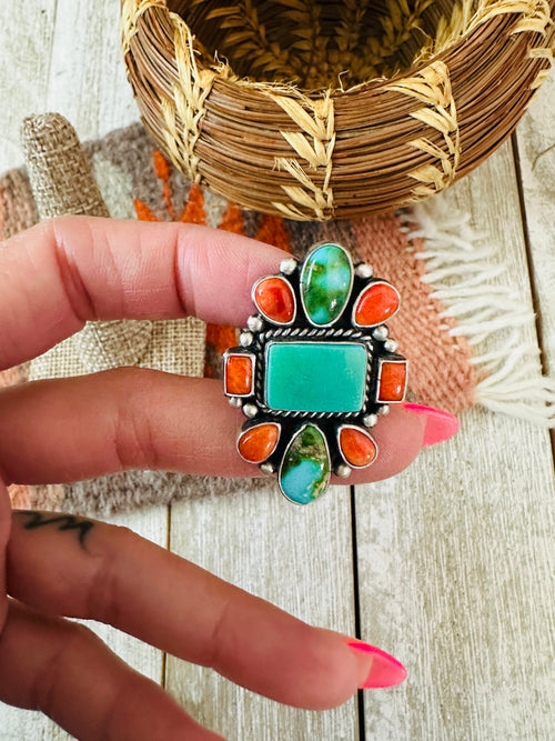 Handcrafted Sterling Silver, Turquoise & Spiny Oyster Ring by Bernyse Chavez and Angela Martin, Size 8