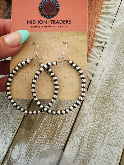 Navajo Sterling Silver Pearl Beaded Dangle Hoop Earrings
