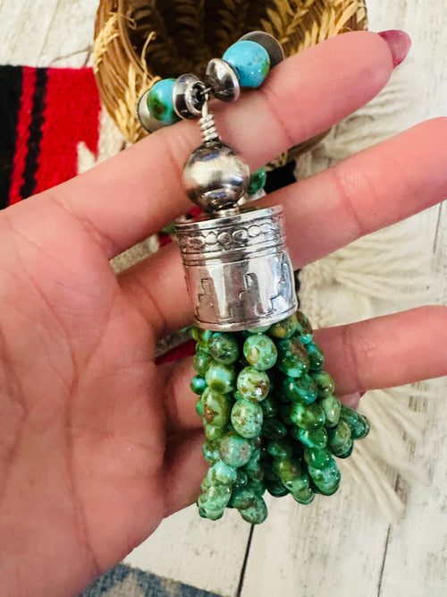 Handcrafted Sonoran Mountain Turquoise & Sterling Silver Beaded Tassel Necklace