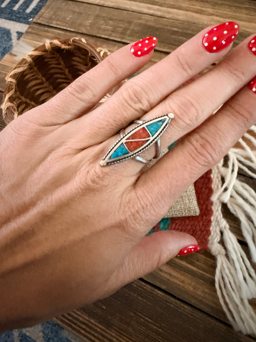 Old Pawn Handcrafted Turquoise, Coral & Sterling Silver Chip Inlay Ring Size 5