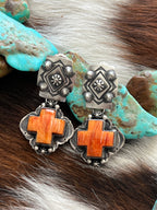 Navajo Sterling Silver and Orange Spiny Oyster Shell Santa Fe Cross Earrings by Murphy Platero