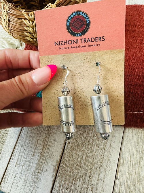 Navajo Hand Stamped Sterling Silver Pearl Dangle Earrings