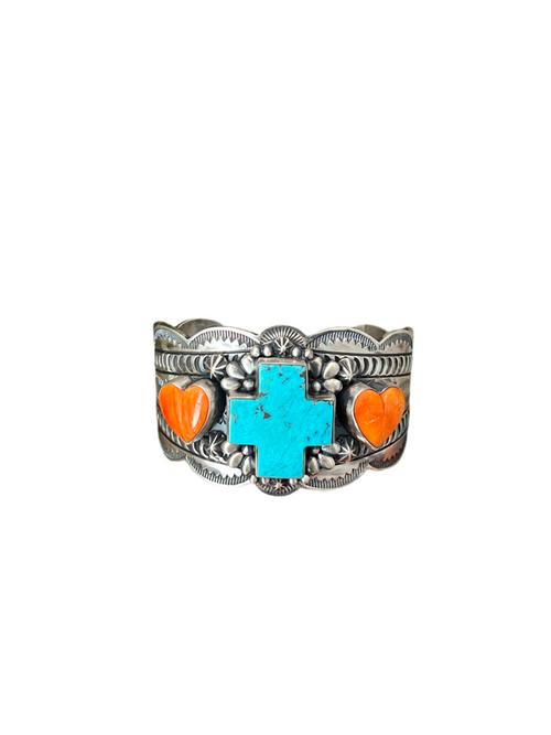 Handcrafted Sterling Silver, Kingman Turquoise and Spiny Oyster Santa Fe Cross Cuff Bracelet by Murphy Platero