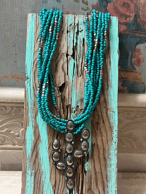 Vintage 8 Strand Blue Beaded Necklace With Saguaro Pendant