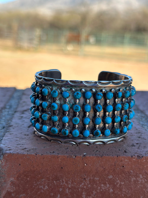 Estate Collection Old Pawn Navajo Sterling Silver & Turquoise Snake Eye Cuff Bracelet /