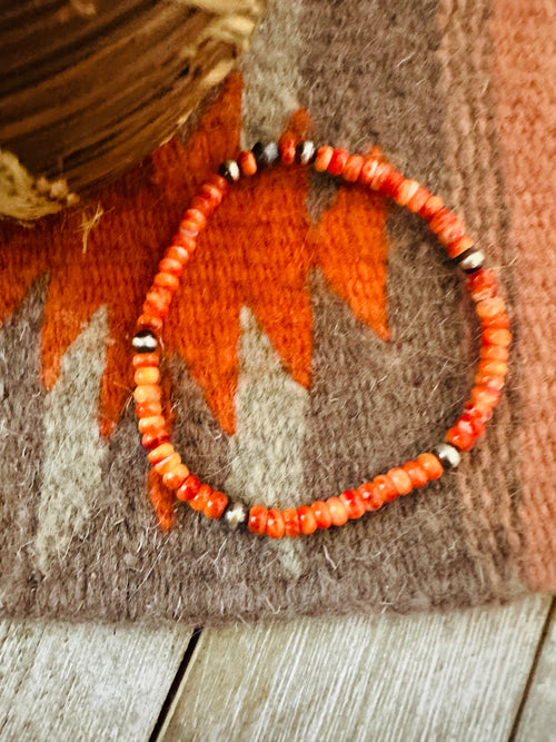 Navajo Orange Spiny & Sterling Silver Beaded Stretch Bracelet