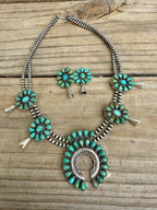 Handmade Beaded Sterling Silver Kingman Turquoise Squash Blossom Necklace Set