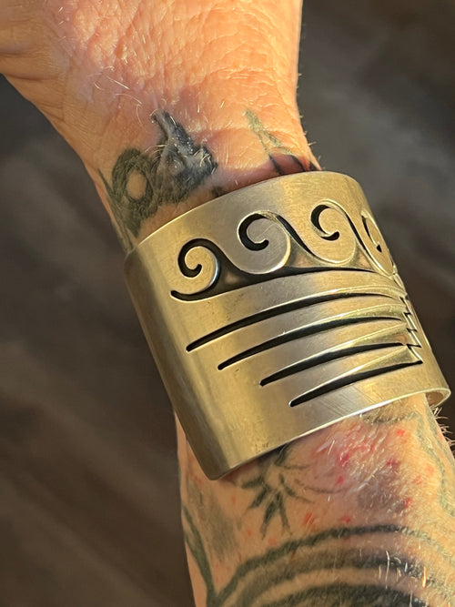 Handcrafted Old Pawn Sterling Silver Water Design Overlay Cuff, Unsigned