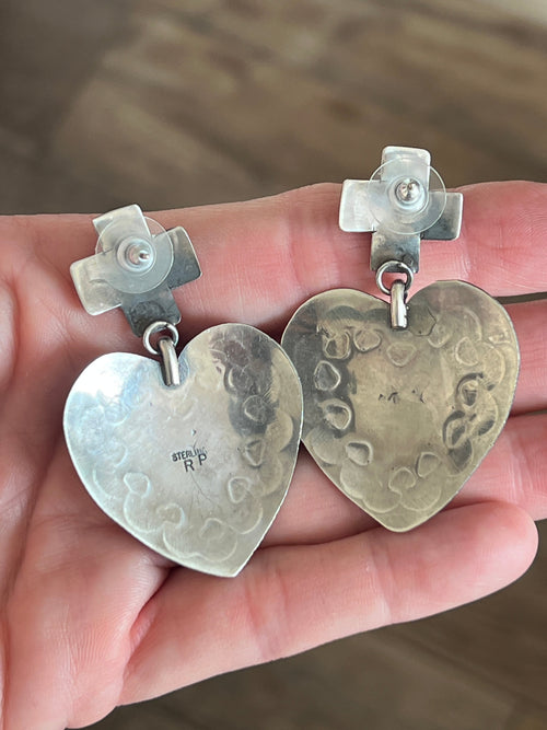 Apache Sterling Silver and Orange Spiny Oyster Shell Hand Stamped Heart Earrings by Rosella Paxson