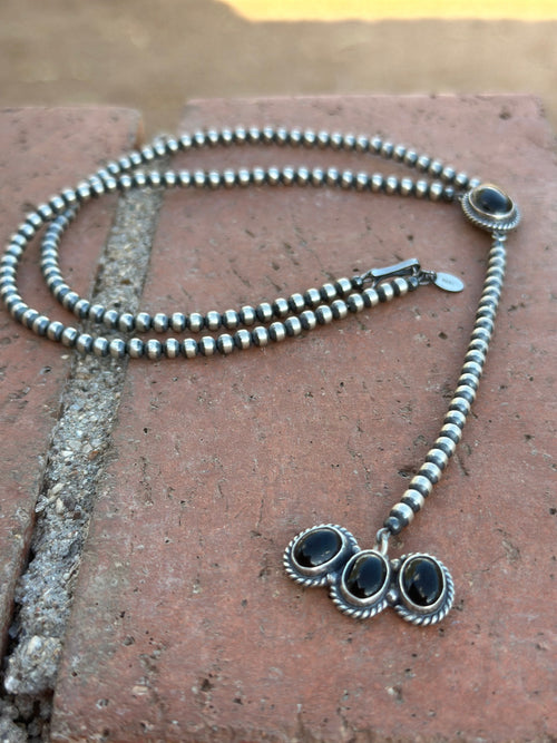 Handcrafted Onyx & Sterling Silver Pearl Beaded Lariat Necklace