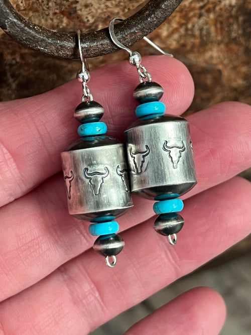 Sterling Silver and Turquoise Handcrafted Barrel Bead Earrings by Preston Haley