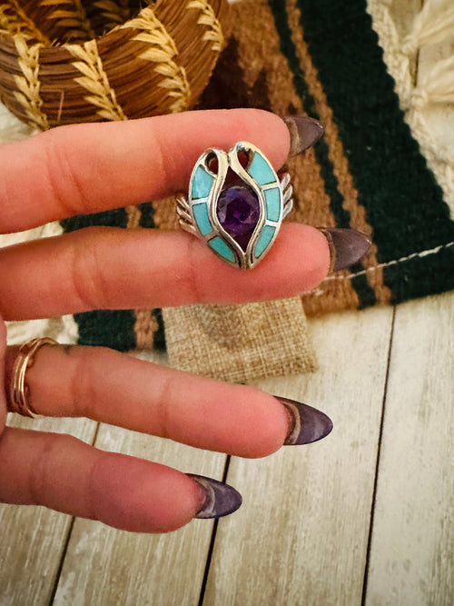 Old Pawn Handcrafted Turquoise, Amethyst & Sterling Silver Ring Size 7