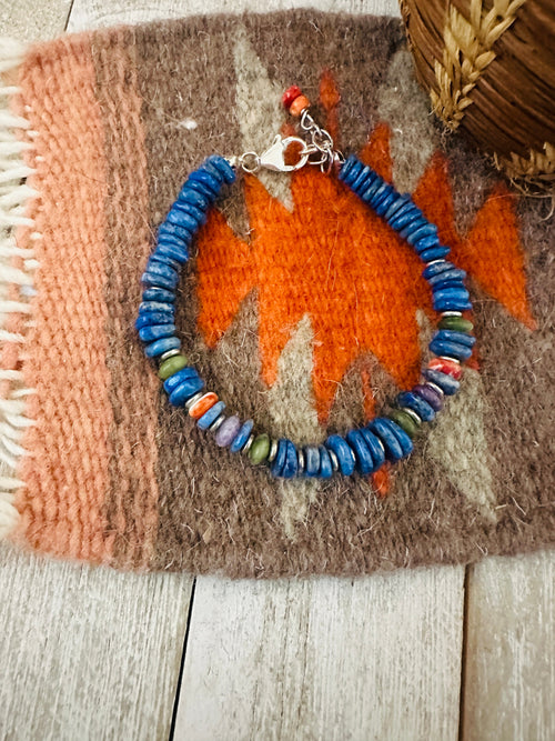 Navajo Sterling Silver Pearl, Lapis, Spiny & Turquoise Beaded Bracelet