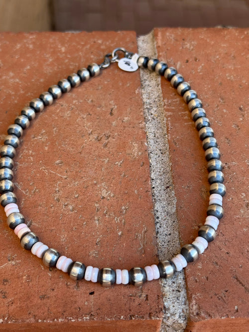 Handcrafted Sterling Silver Pearl & Queen Pink Conch Beaded Necklace 8mm
