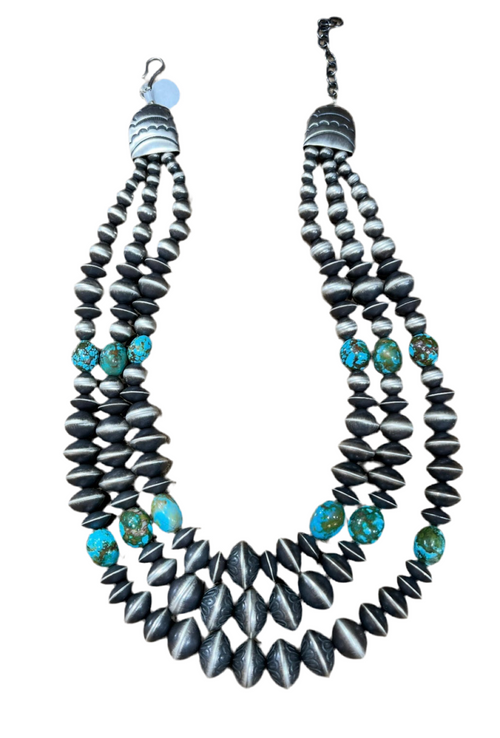 Handcrafted Rose Martin Sterling Silver & Kingman Turquoise Three Strand Necklace