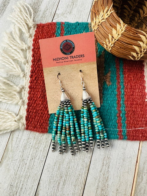 Handcrafted Turquoise & Sterling Silver Pearl Beaded Tassel Dangle Earrings
