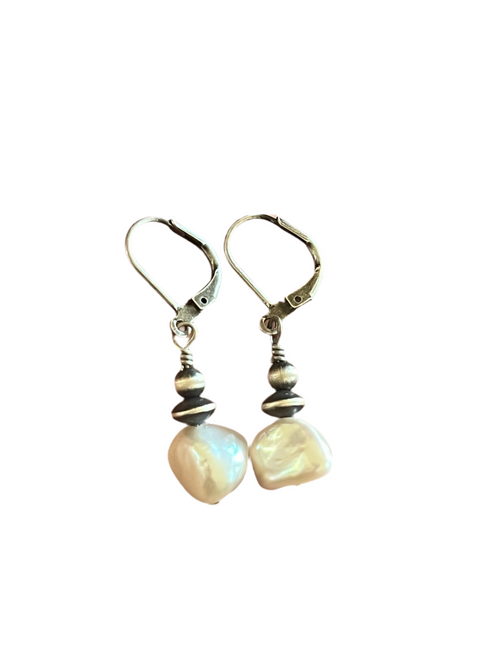 Navajo Made Summer Lovin’ Sterling Silver and Freshwater Pearl Bead Drop Earrings, Leverback