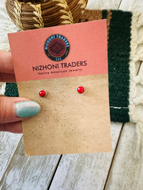 Old Pawn Navajo Sterling Silver & Coral Stud Earrings