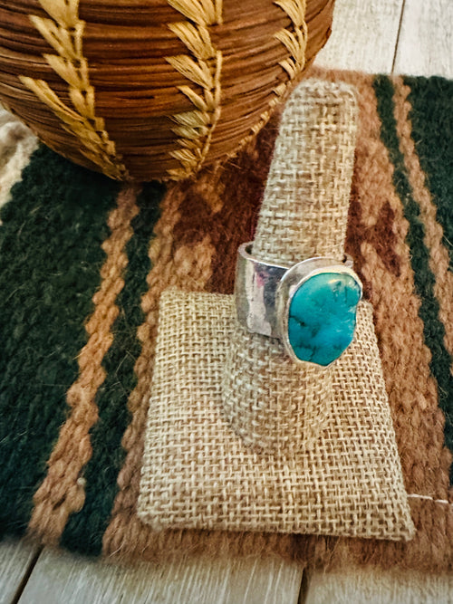 Old Pawn Handcrafted Turquoise & Sterling Silver Ring Size 8.5