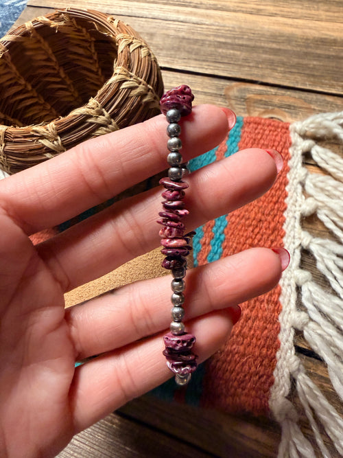 Handcrafted Purple Spiny Oyster & Sterling Silver Beaded Stretch Bracelet
