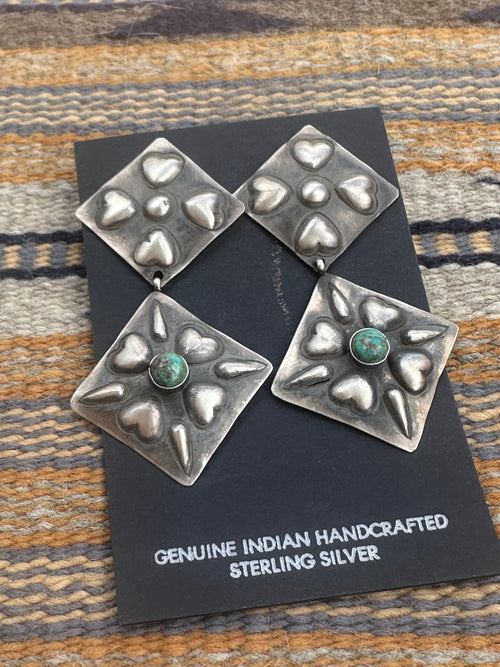Old Pawn Sterling Silver And Turquoise Concho Heart Dangles