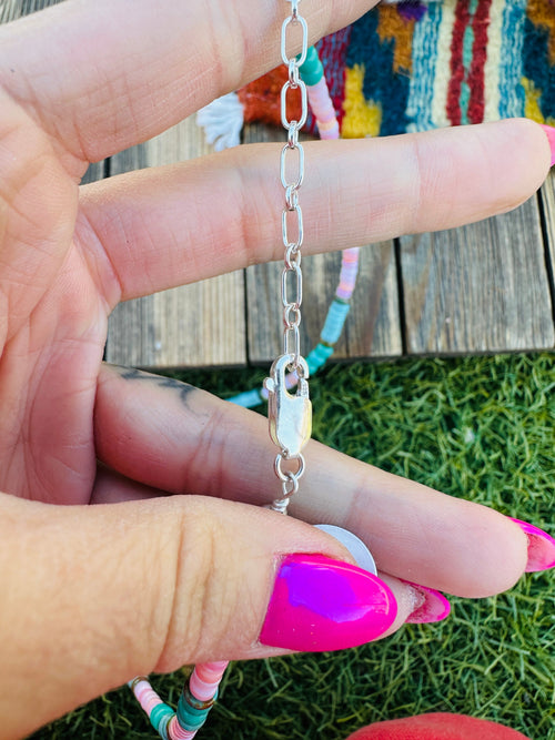 Handcrafted Queen Pink Conch, Turquoise & Sterling Silver 18” Beaded Necklace