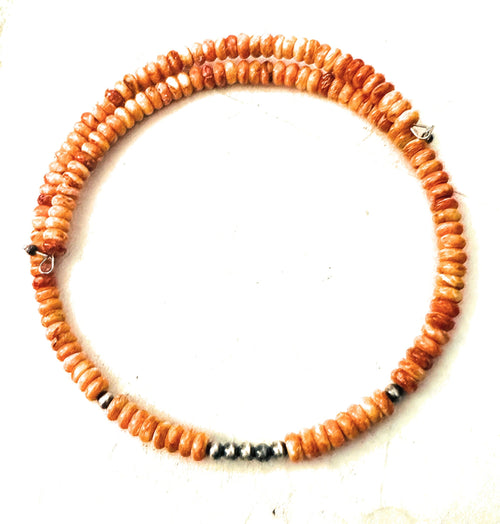 Handcrafted Orange Spiny & Sterling Silver Beaded Wrap Choker Necklace