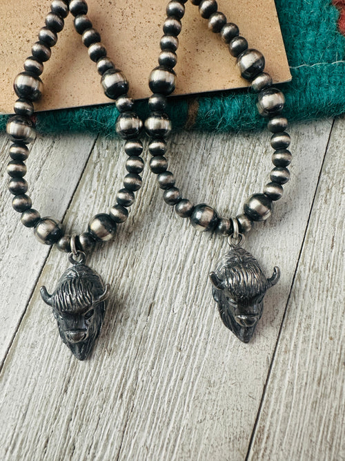 Handcrafted Sterling Silver Pearl Beaded Bison Head Hoop Earrings