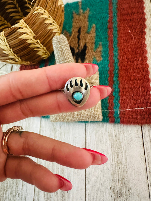Old Pawn Navajo Sterling Silver & Turquoise Bear Paw Ring