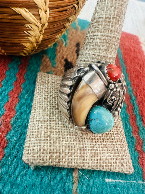 Handcrafted Old Pawn Sterling Silver, Turquoise & Coral Claw Ring Size 11.5