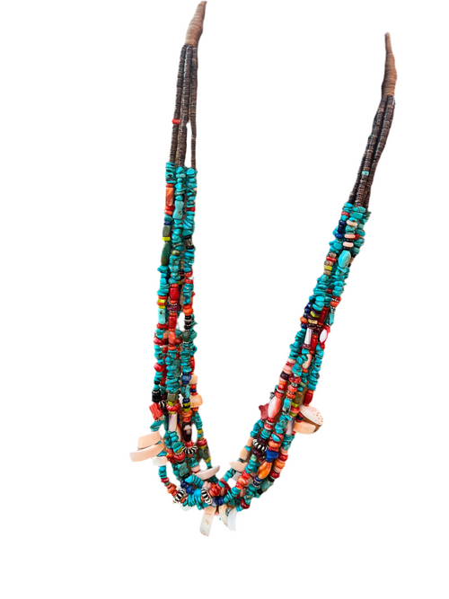Gorgeous Santo Domingo Made Six Strand Turquoise and Spiny Oyster Beaded Squaw Wrap Necklace, Blue