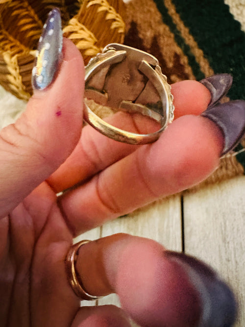 Old Pawn Handcrafted Turquoise & Sterling Silver Ring Size 12.5