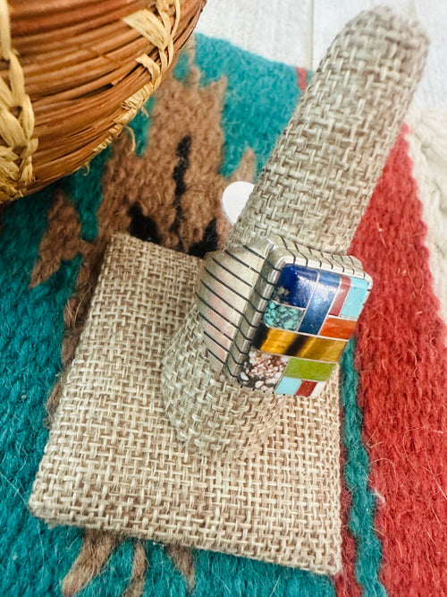 Old Pawn Navajo Sterling Silver & Multi Stone Inlay Ring Size 9.75