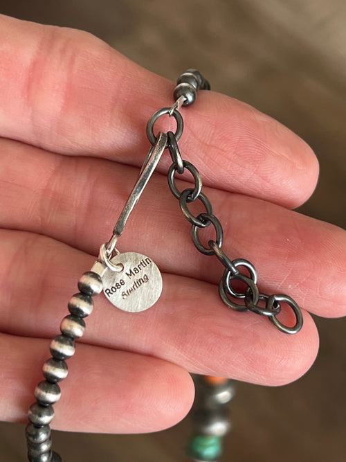 Navajo Made Electric Rainbow Sterling Silver, Turquoise and Spiny Oyster Single Strand Beaded Necklace by Rose Martin, 18 + 2 Inches