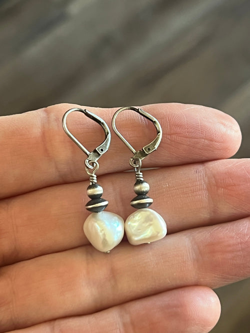 Navajo Made Summer Lovin’ Sterling Silver and Freshwater Pearl Bead Drop Earrings, Leverback