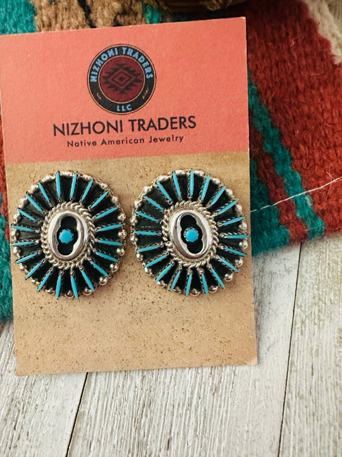 Old Pawn Needlepoint Sterling Silver & Turquoise Cluster Post Earrings