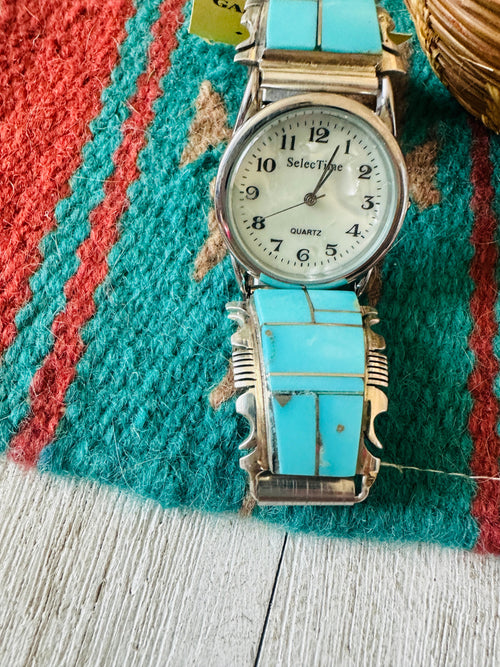 Handcrafted Old Pawn Vintage Turquoise & Sterling Silver Inlay Watch