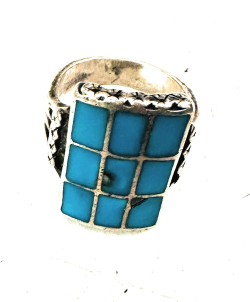 Old Pawn Vintage Handcrafted Sterling Silver & Turquoise Inlay Ring Size 12.5