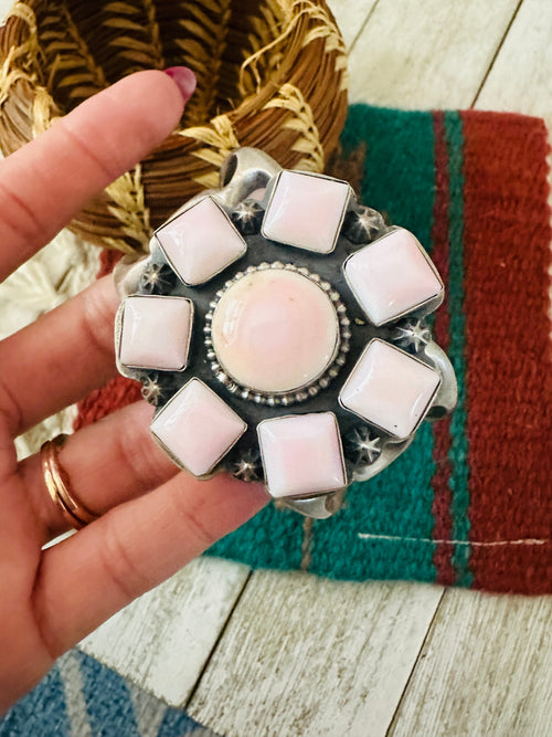 Handcrafted Old Pawn Sterling Silver & Queen Pink Conch Cluster Cuff Bracelet