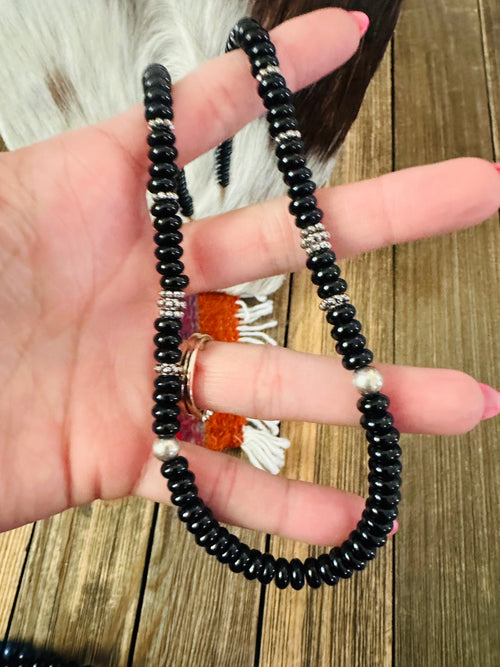 Handcrafted Black Onyx & Sterling Silver Beaded 18” Necklace by T & R Singer