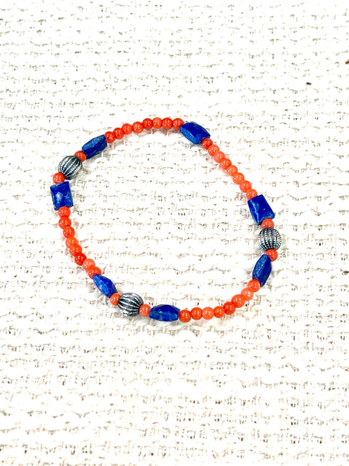 ** 4TH OF JULY ** Handmade Sterling Silver, Coral & Lapis Beaded Bracelet Signed Nizhoni
