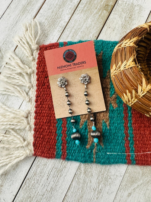 Navajo Turquoise & Sterling Silver Beaded Flower Dangle Earrings