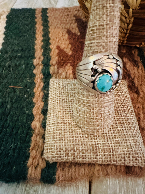 Old Pawn Handcrafted Turquoise, Coral & Sterling Silver Ring Size 5.5