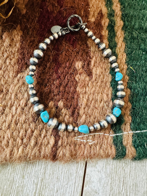 Navajo Sterling Silver Pearl & Turquoise Beaded Bracelet