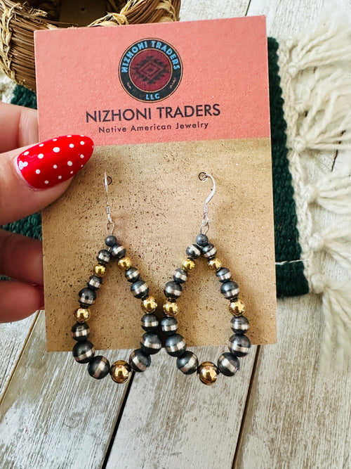 Handcrafted Gold & Sterling Silver Pearl Beaded Dangle Hoop Earrings